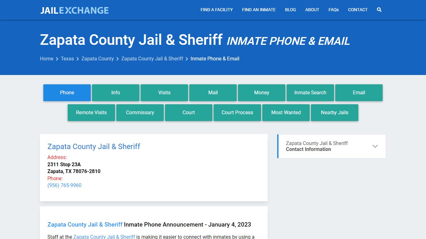 Inmate Phone - Zapata County Jail & Sheriff, TX - Jail Exchange